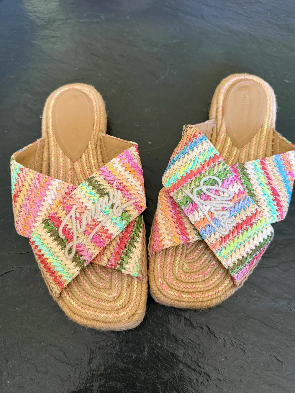 Jimmy Choo Aciel Sandal Pastel Raffia Crossover Mule Size 40.5